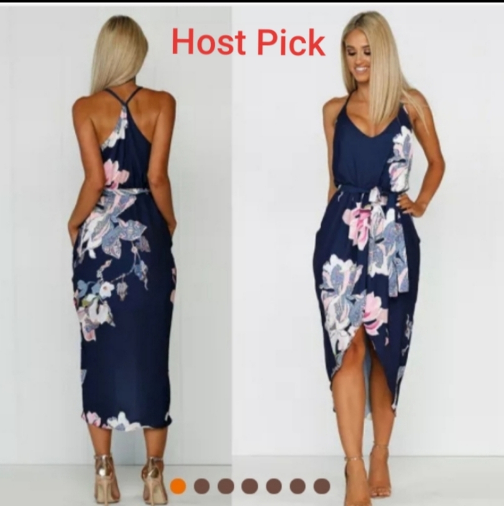 Women's Navy Floral Wrap Midi Dress - Navy Pink Floral